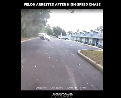 Body camera image from the Ocala Police shows the suspect's car crashed after a May 10 vehicle pursuit.