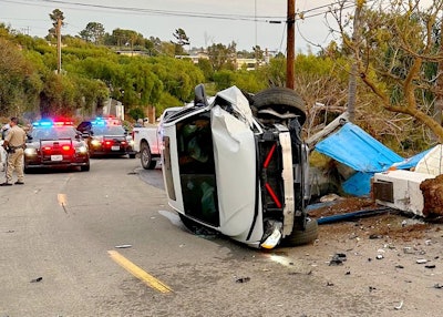 California Highway Patrol officers pursued this BMW into the mountain roads near Malibu this week. The chase ended when the suspect crashed into a porta-potty.